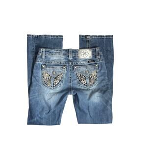 Miss Me straight angel wings flap rhinestone pocket jeans 27